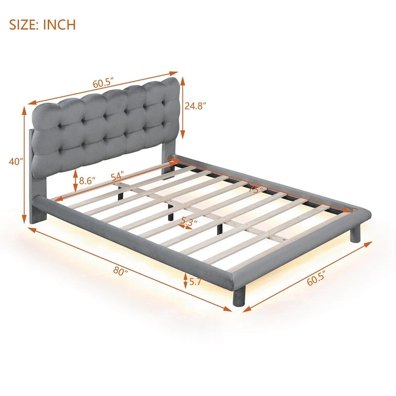 Velvet Upholstered Platform Bed Frame with LED Light & Biscuit Headboard