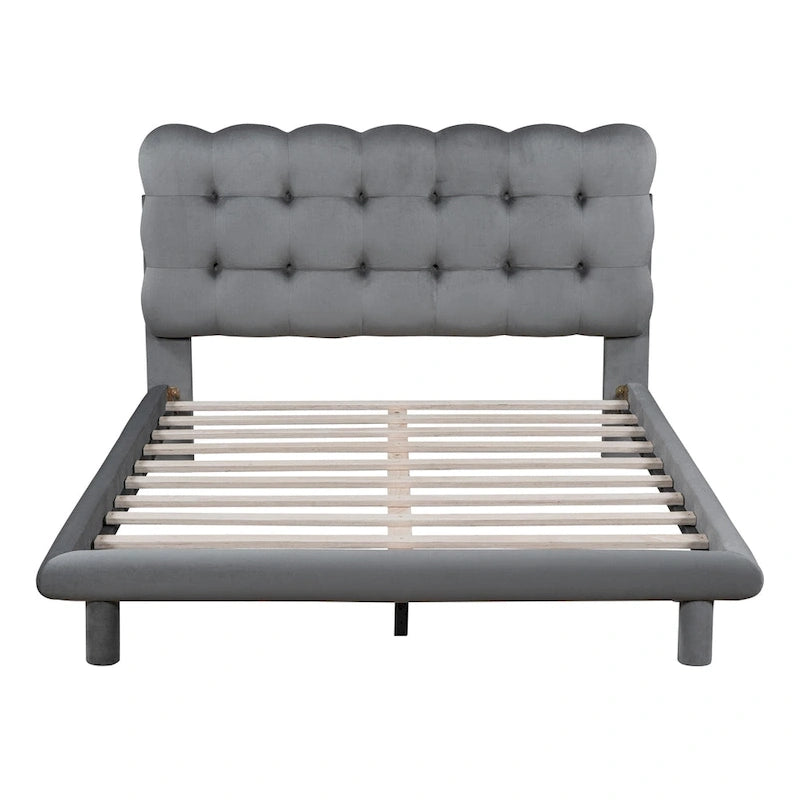 Velvet Upholstered Platform Bed Frame with LED Light & Biscuit Headboard