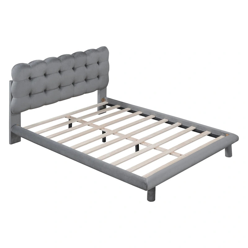 Velvet Upholstered Platform Bed Frame with LED Light & Biscuit Headboard