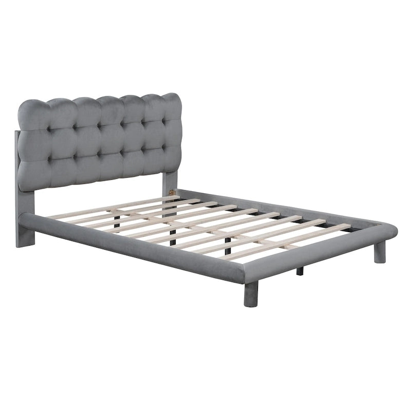 Velvet Upholstered Platform Bed Frame with LED Light & Biscuit Headboard