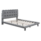 Velvet Upholstered Platform Bed Frame with LED Light & Biscuit Headboard