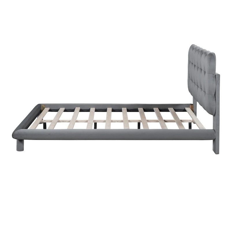 Velvet Upholstered Platform Bed Frame with LED Light & Biscuit Headboard