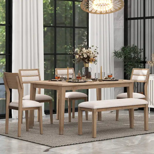 6-Piece Wooden Dining Table Set with 4 Chairs & Bench
