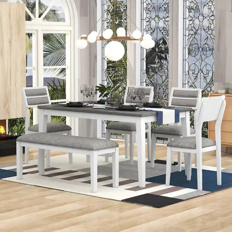 6-Piece Wooden Dining Table Set with 4 Chairs & Bench