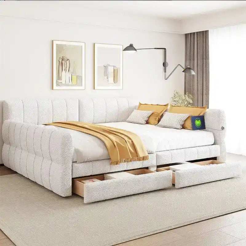 Queen Size Upholstered Daybed with 2 Storage Drawers, Modern Daybed Frame Sofa Bed with USB Port and Armrest