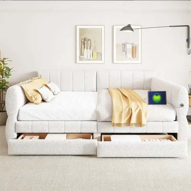 Queen Size Upholstered Daybed with 2 Storage Drawers, Modern Daybed Frame Sofa Bed with USB Port and Armrest