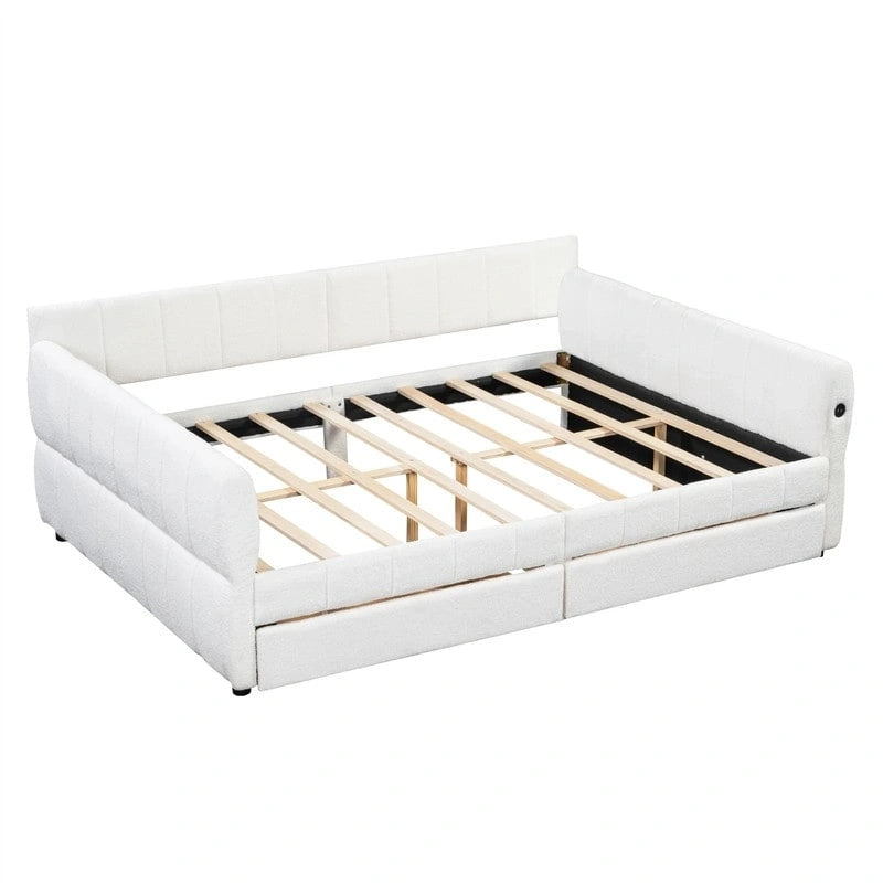 Queen Size Upholstered Daybed with 2 Storage Drawers, Modern Daybed Frame Sofa Bed with USB Port and Armrest