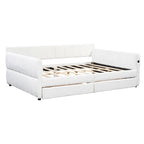 Queen Size Upholstered Daybed with 2 Storage Drawers, Modern Daybed Frame Sofa Bed with USB Port and Armrest