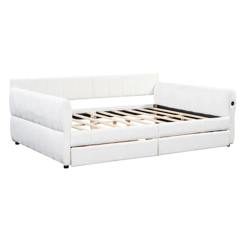 Queen Size Upholstered Daybed with 2 Storage Drawers, Modern Daybed Frame Sofa Bed with USB Port and Armrest