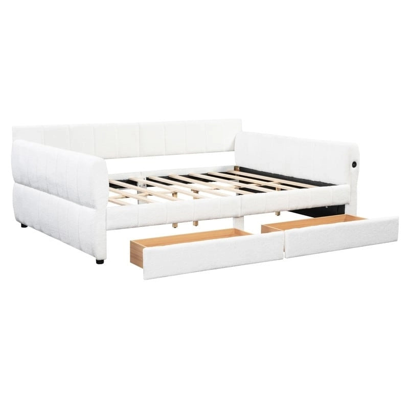 Queen Size Upholstered Daybed with 2 Storage Drawers, Modern Daybed Frame Sofa Bed with USB Port and Armrest