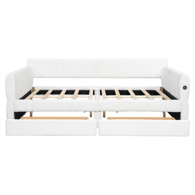 Queen Size Upholstered Daybed with 2 Storage Drawers, Modern Daybed Frame Sofa Bed with USB Port and Armrest