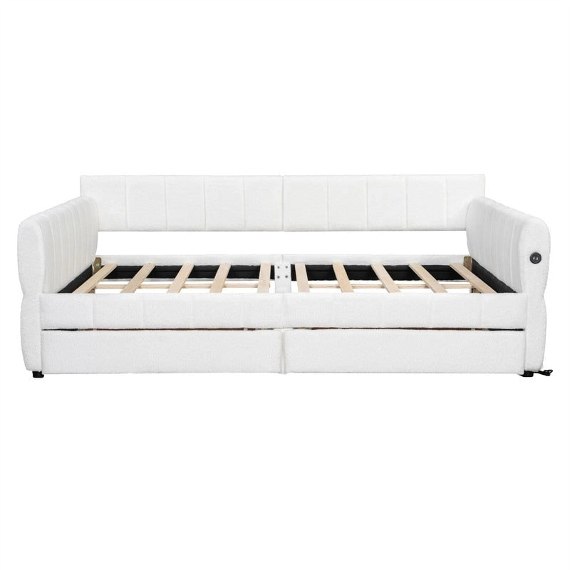 Queen Size Upholstered Daybed with 2 Storage Drawers, Modern Daybed Frame Sofa Bed with USB Port and Armrest