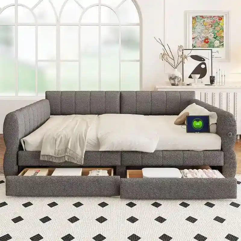 Queen Size Upholstered Daybed with 2 Storage Drawers, Modern Daybed Frame Sofa Bed with USB Port and Armrest