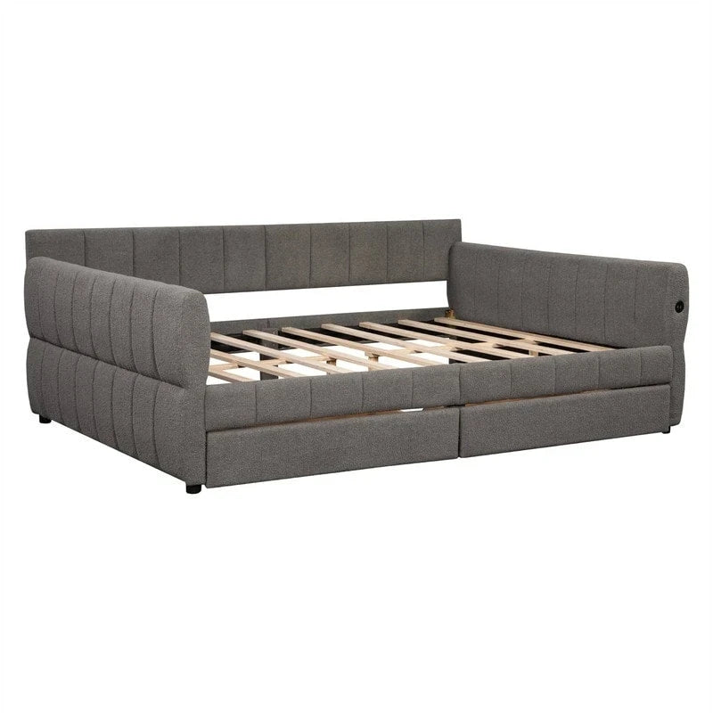 Queen Size Upholstered Daybed with 2 Storage Drawers, Modern Daybed Frame Sofa Bed with USB Port and Armrest