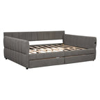 Queen Size Upholstered Daybed with 2 Storage Drawers, Modern Daybed Frame Sofa Bed with USB Port and Armrest