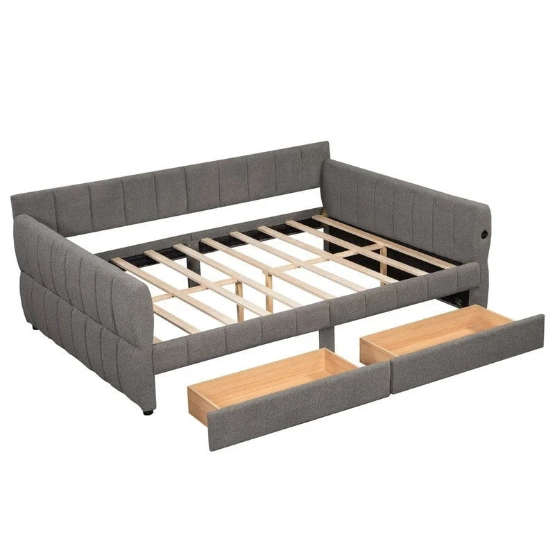 Queen Size Upholstered Daybed with 2 Storage Drawers, Modern Daybed Frame Sofa Bed with USB Port and Armrest