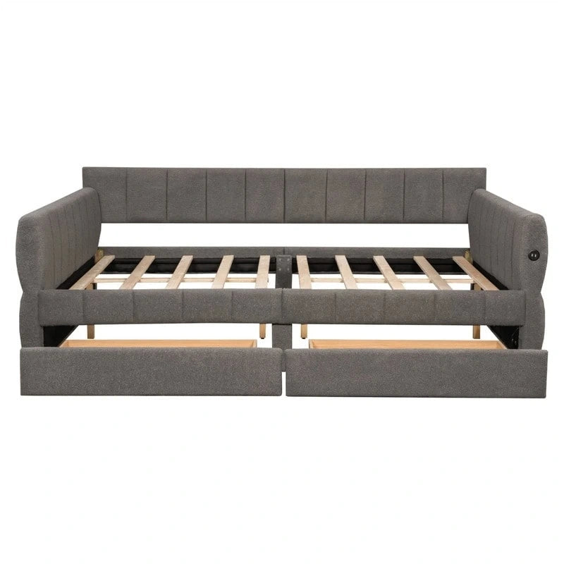 Queen Size Upholstered Daybed with 2 Storage Drawers, Modern Daybed Frame Sofa Bed with USB Port and Armrest
