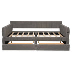 Queen Size Upholstered Daybed with 2 Storage Drawers, Modern Daybed Frame Sofa Bed with USB Port and Armrest