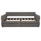 Queen Size Upholstered Daybed with 2 Storage Drawers, Modern Daybed Frame Sofa Bed with USB Port and Armrest