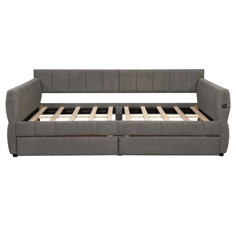 Queen Size Upholstered Daybed with 2 Storage Drawers, Modern Daybed Frame Sofa Bed with USB Port and Armrest