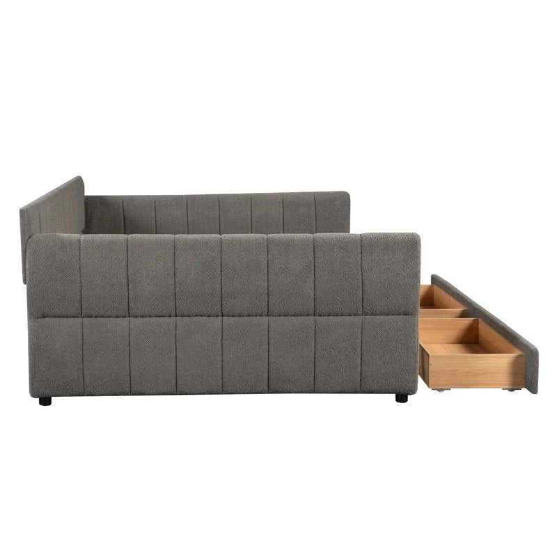 Queen Size Upholstered Daybed with 2 Storage Drawers, Modern Daybed Frame Sofa Bed with USB Port and Armrest