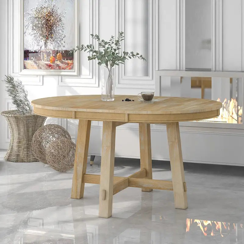 TREXM Farmhouse Round Extendable Dining Table with 16 Leaf Wood Kitchen Table