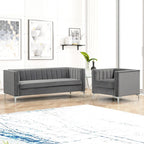 Morden Fort Modern 2 Pieces of Chair and Sofa Couch Set with Dutch Velvet Grey, Iron Legs