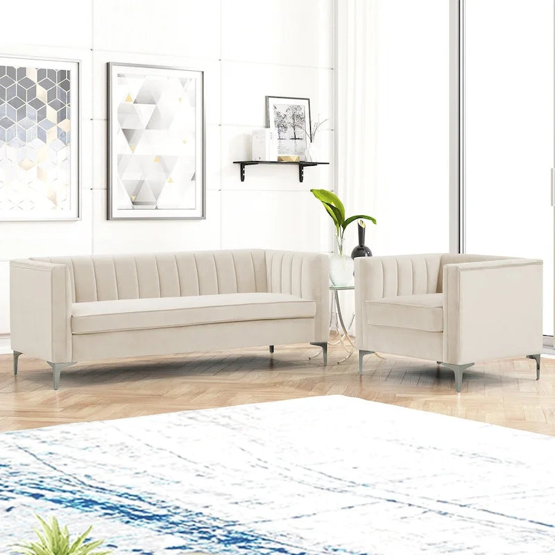 Morden Fort Modern 2 Pieces of Chair and Sofa Couch Set with Dutch Velvet Grey, Iron Legs