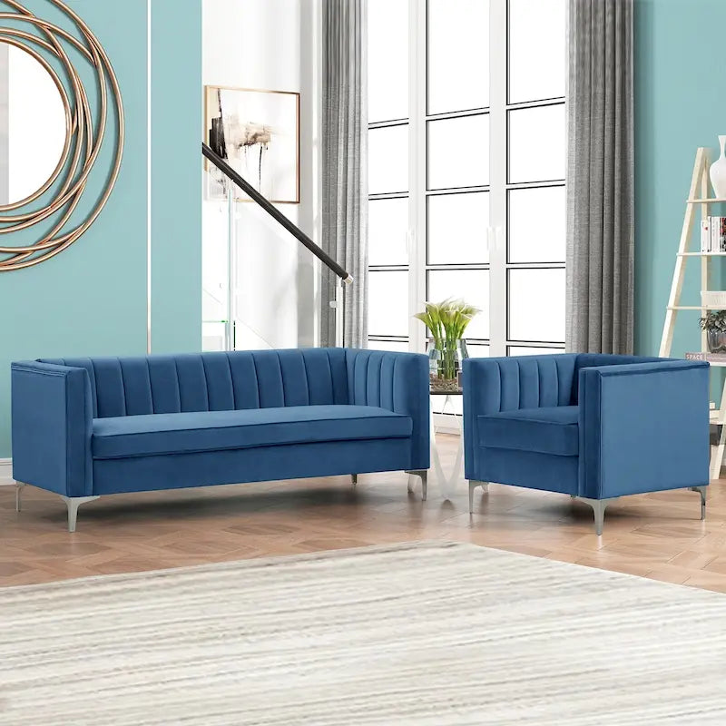 Morden Fort Modern 2 Pieces of Chair and Sofa Couch Set with Dutch Velvet Grey, Iron Legs