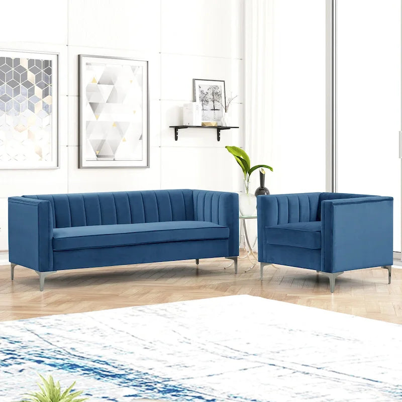 Morden Fort Modern 2 Pieces of Chair and Sofa Couch Set with Dutch Velvet Grey, Iron Legs