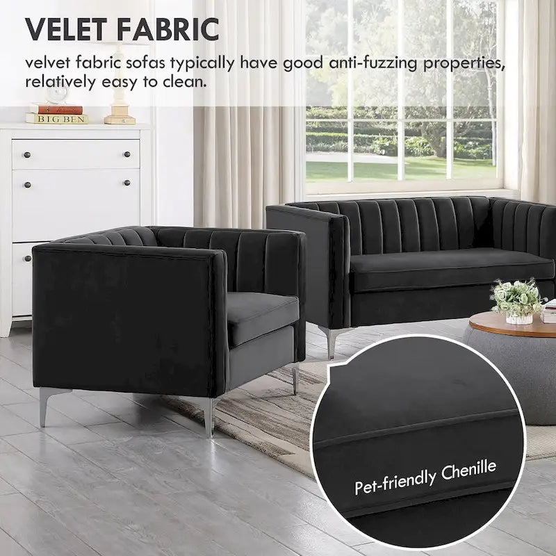 Morden Fort Modern 2 Pieces of Chair and Sofa Couch Set with Dutch Velvet Grey, Iron Legs