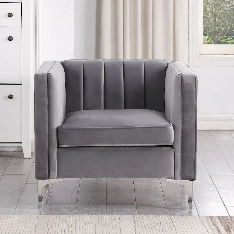 Morden Fort Modern 2 Pieces of Chair and Sofa Couch Set with Dutch Velvet Grey, Iron Legs