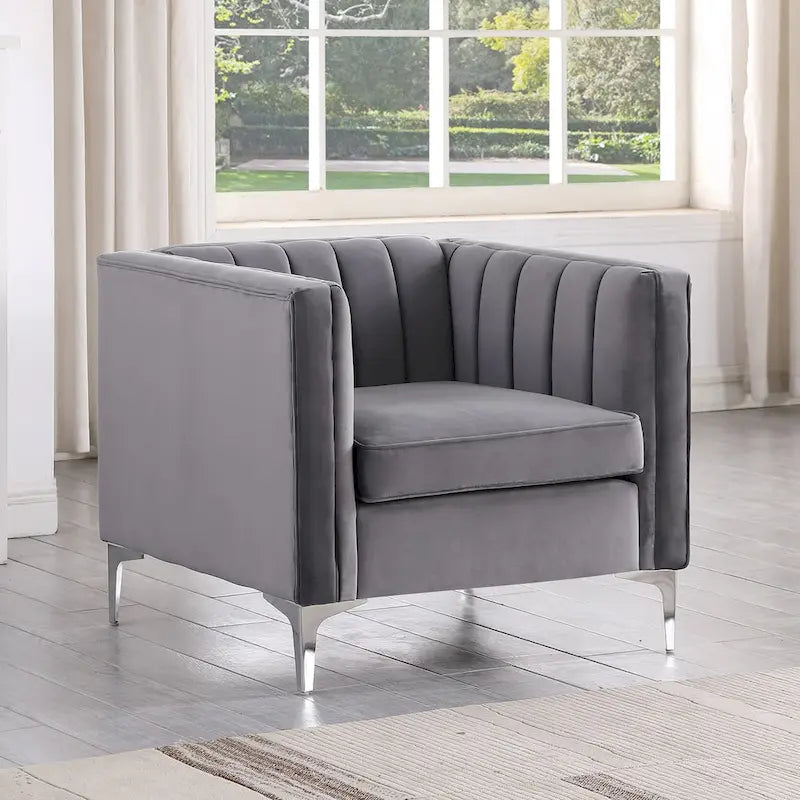 Morden Fort Modern 2 Pieces of Chair and Sofa Couch Set with Dutch Velvet Grey, Iron Legs