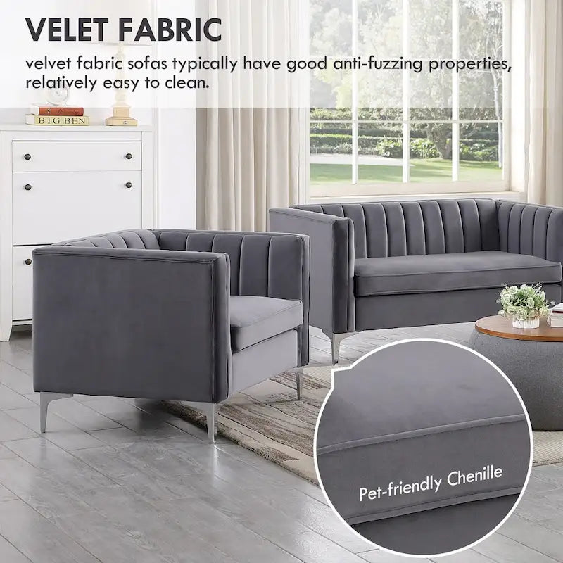 Morden Fort Modern 2 Pieces of Chair and Sofa Couch Set with Dutch Velvet Grey, Iron Legs