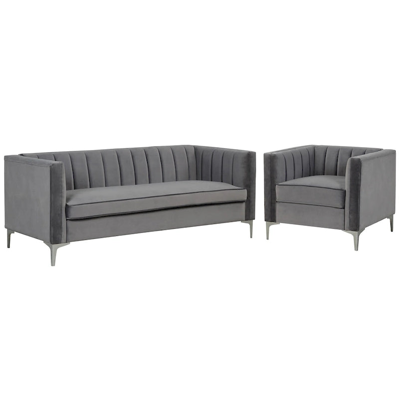 Morden Fort Modern 2 Pieces of Chair and Sofa Couch Set with Dutch Velvet Grey, Iron Legs