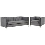 Morden Fort Modern 2 Pieces of Chair and Sofa Couch Set with Dutch Velvet Grey, Iron Legs