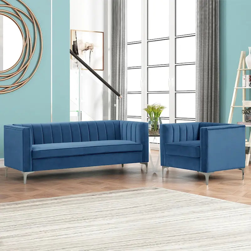 Morden Fort Modern 2 Pieces of Chair and Sofa Couch Set with Dutch Velvet Grey, Iron Legs