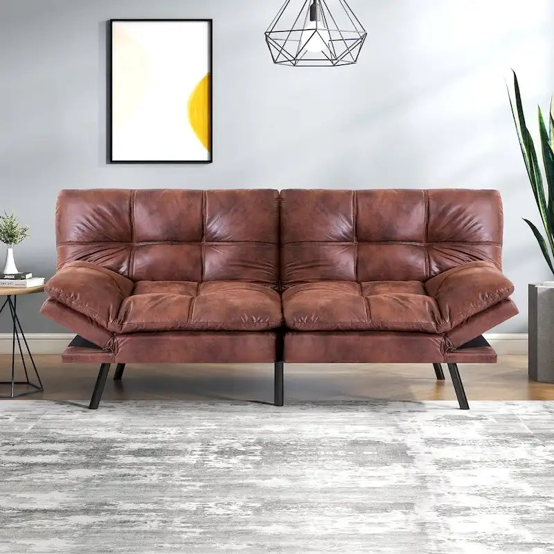 Futon Sofa Bed, Faux Leather Convertible Sofa with Adjustable Splitback Armrests for Compact Living Space, Twin Size
