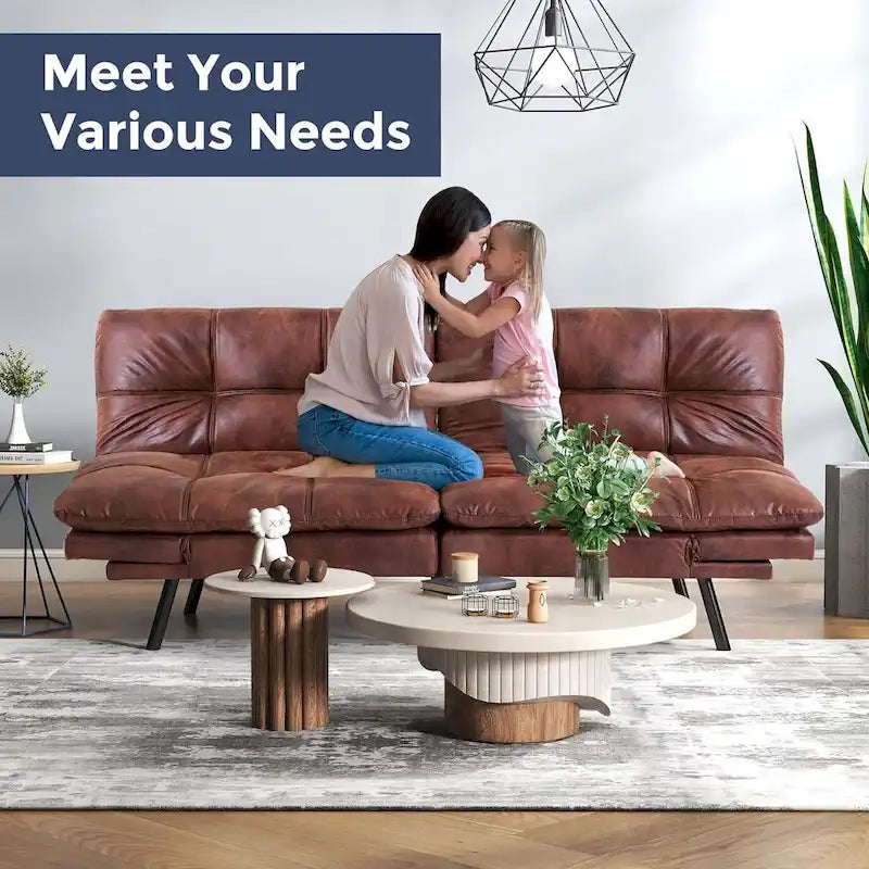 Futon Sofa Bed, Faux Leather Convertible Sofa with Adjustable Splitback Armrests for Compact Living Space, Twin Size