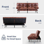 Futon Sofa Bed, Faux Leather Convertible Sofa with Adjustable Splitback Armrests for Compact Living Space, Twin Size