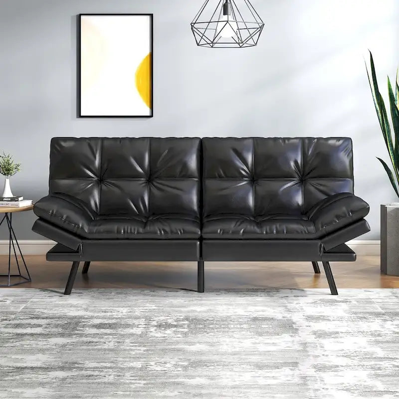 Futon Sofa Bed, Faux Leather Convertible Sofa with Adjustable Splitback Armrests for Compact Living Space, Twin Size