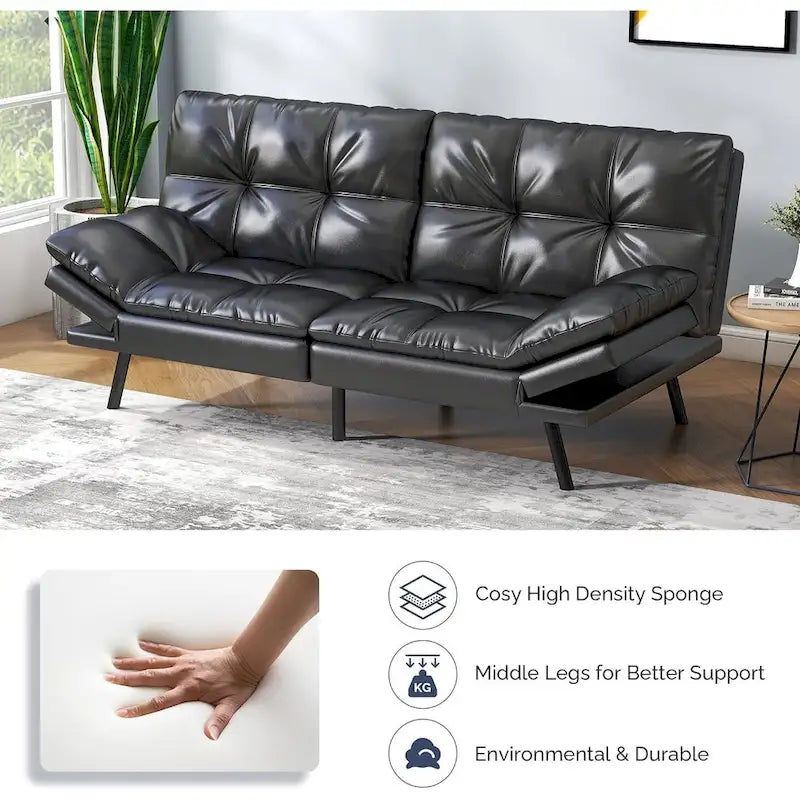 Futon Sofa Bed, Faux Leather Convertible Sofa with Adjustable Splitback Armrests for Compact Living Space, Twin Size