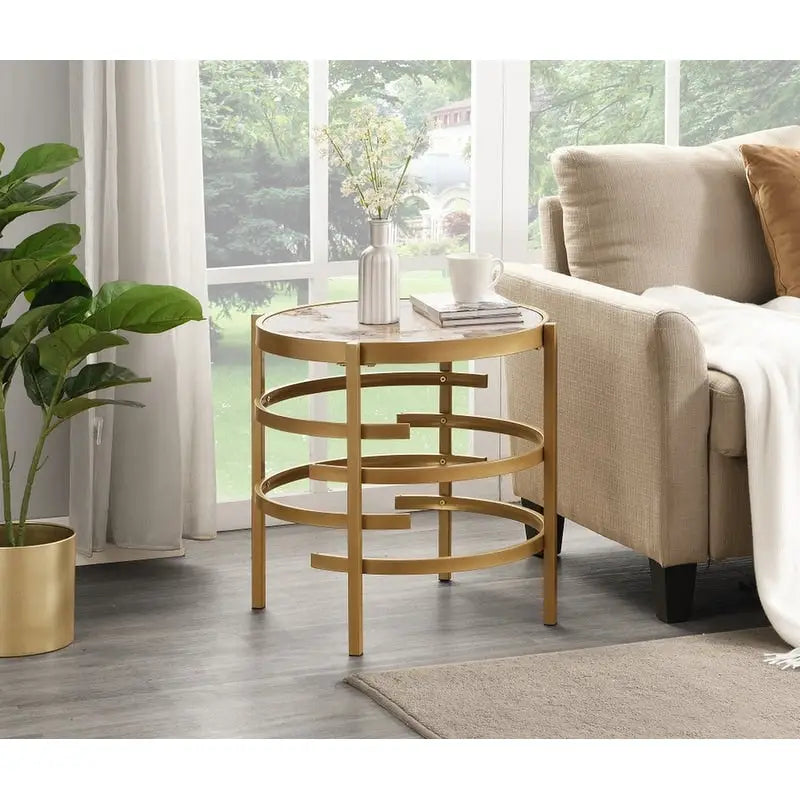 Grondin 20.67 Round End Table with Sintered Stone Table Top and Metal Frame, Modern Style Side Table with Non-Slip Foot Pads