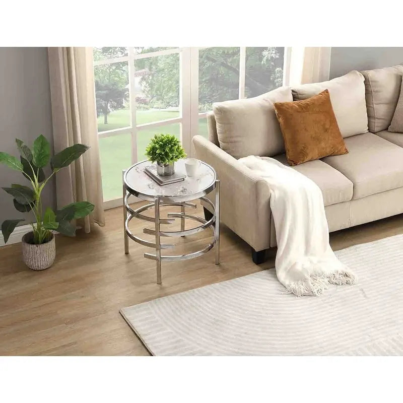 Grondin 20.67 Round End Table with Sintered Stone Table Top and Metal Frame, Modern Style Side Table with Non-Slip Foot Pads