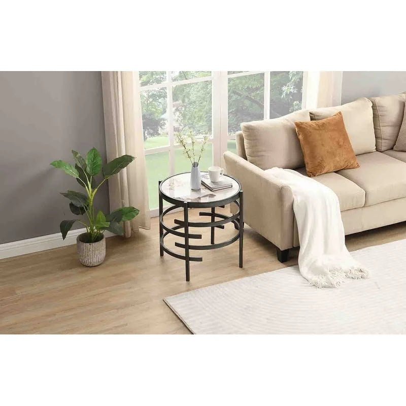 Grondin 20.67 Round End Table with Sintered Stone Table Top and Metal Frame, Modern Style Side Table with Non-Slip Foot Pads
