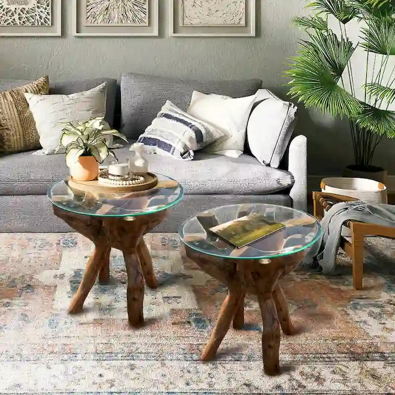 Chic Teak Rustic Teak Wood Root Side Table with 24 Inch Round Glass Top