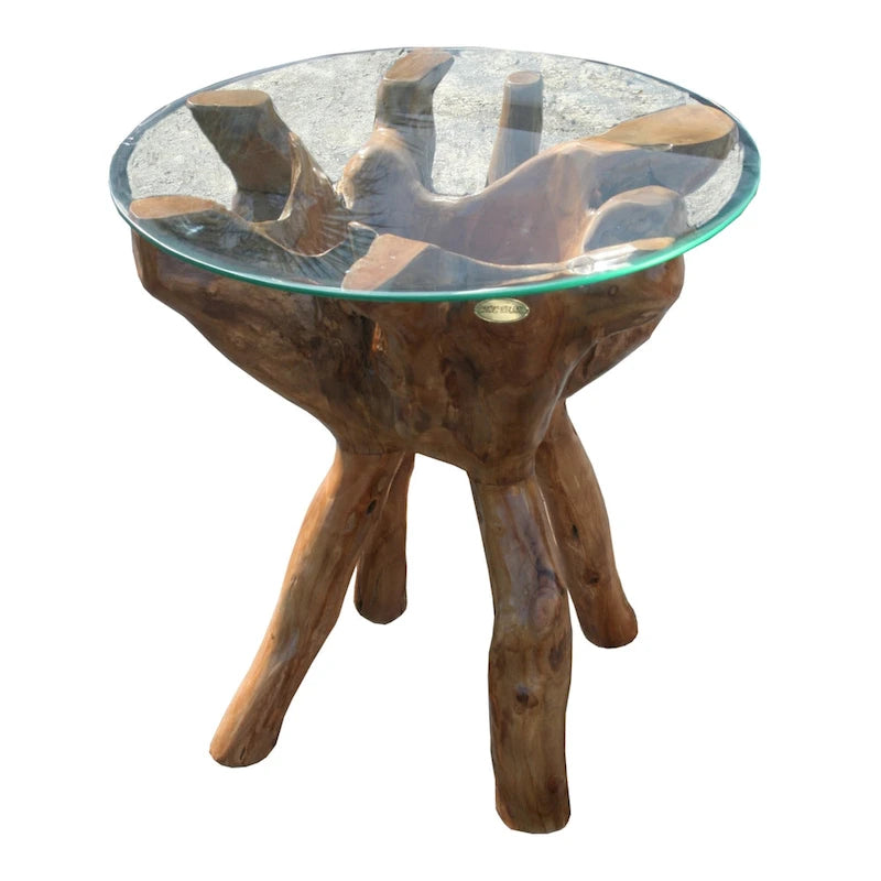 Chic Teak Rustic Teak Wood Root Side Table with 24 Inch Round Glass Top