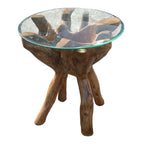 Chic Teak Rustic Teak Wood Root Side Table with 24 Inch Round Glass Top
