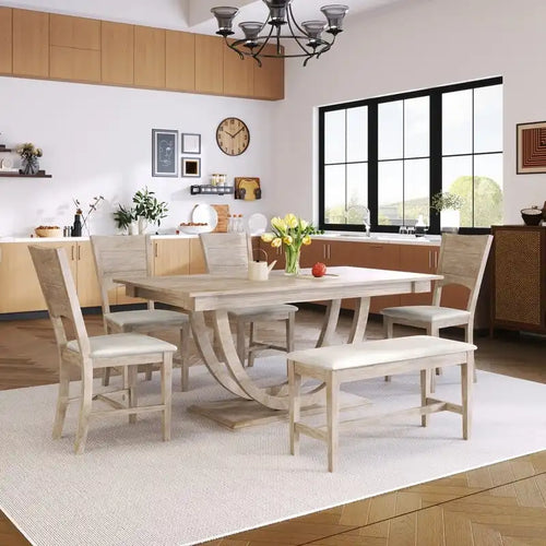 6-Piece Wood Half Round Dining Table Set Kitchen Table Set with Long Bench and 4 Dining Chairs, Modern Style