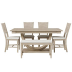 6-Piece Wood Half Round Dining Table Set Kitchen Table Set with Long Bench and 4 Dining Chairs, Modern Style